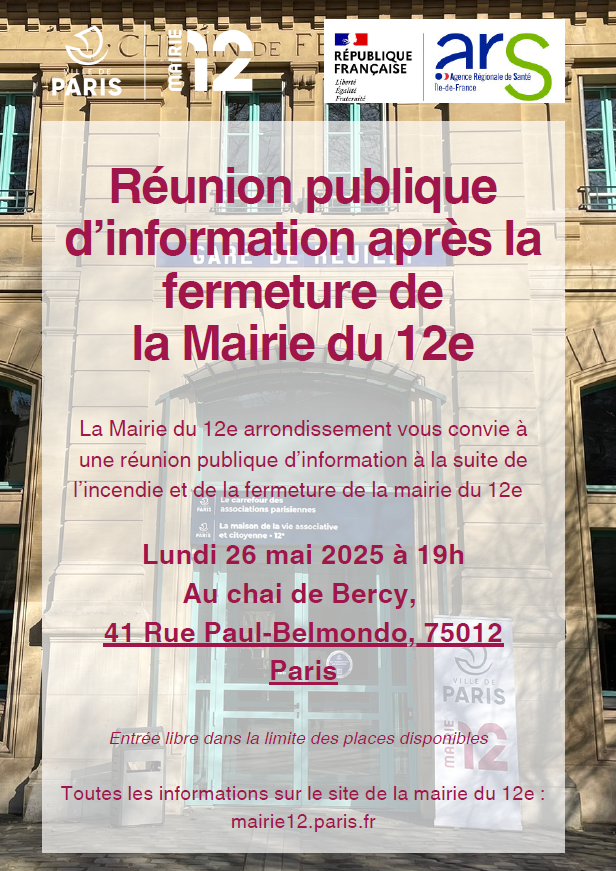 Affiche annonçant la réunion publique d'information après la fermeture de la Mairie du 12ème et représentatn la façade de la gare de reuilly où sont actuellement accueillis une partie des services publics municipaux