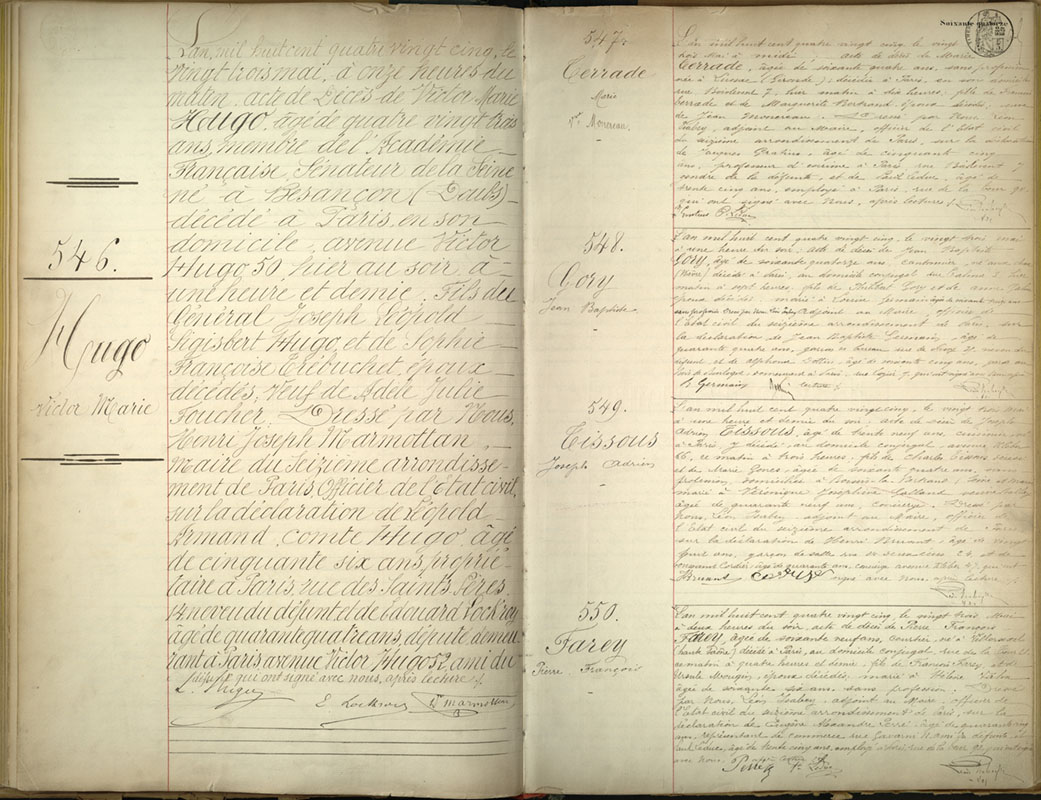 Acte de décès de Victor Hugo.