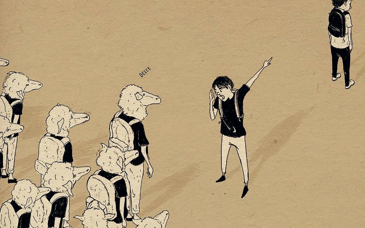 Jeune homme pointant du doigt un autre garçon face à un groupe de mouton, illustration de la rumeur