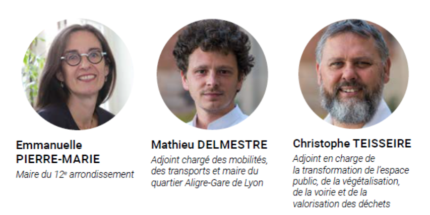 portrait photos et qualités d'Emmanuelle Pierre-Marie, Maire du 12ème, Mathieu Delmestre, adjoint chargé des mobilités et des transports et maire du Quartier et Christophe Teisseire, adjoint en charge de la transformation de l'espace public, de la végétalisation de la voirie et de la valorisation des déchets 