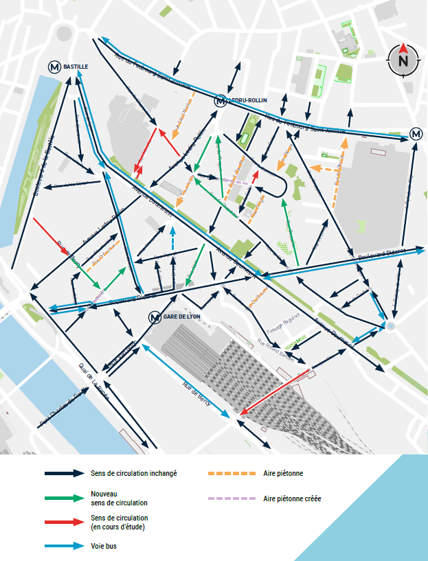 Le nouveau plan de circulation du quartier Aligre-Gare de Lyon sur lequel figurent les nouveaux sens de ciculations, lmes rues piétonnisées et les nouvelles voies cyclables créées via la démarche "Embellir votre quartier"