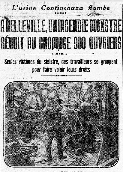Photo d'un article de l'Humanité sur l'incendie de l'usine Continsouza en 1928