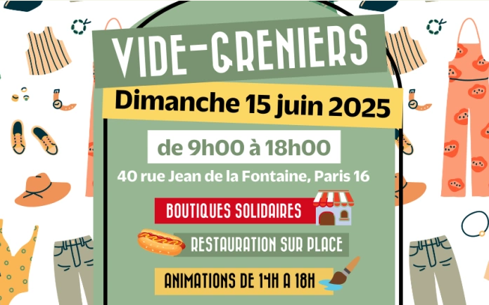Affiche du vide greniers du 15 juin, en fon des vêtements colorés