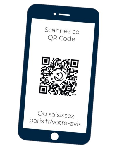 Un qr code permettant de se rendre sur la page paris.fr/votre-avis