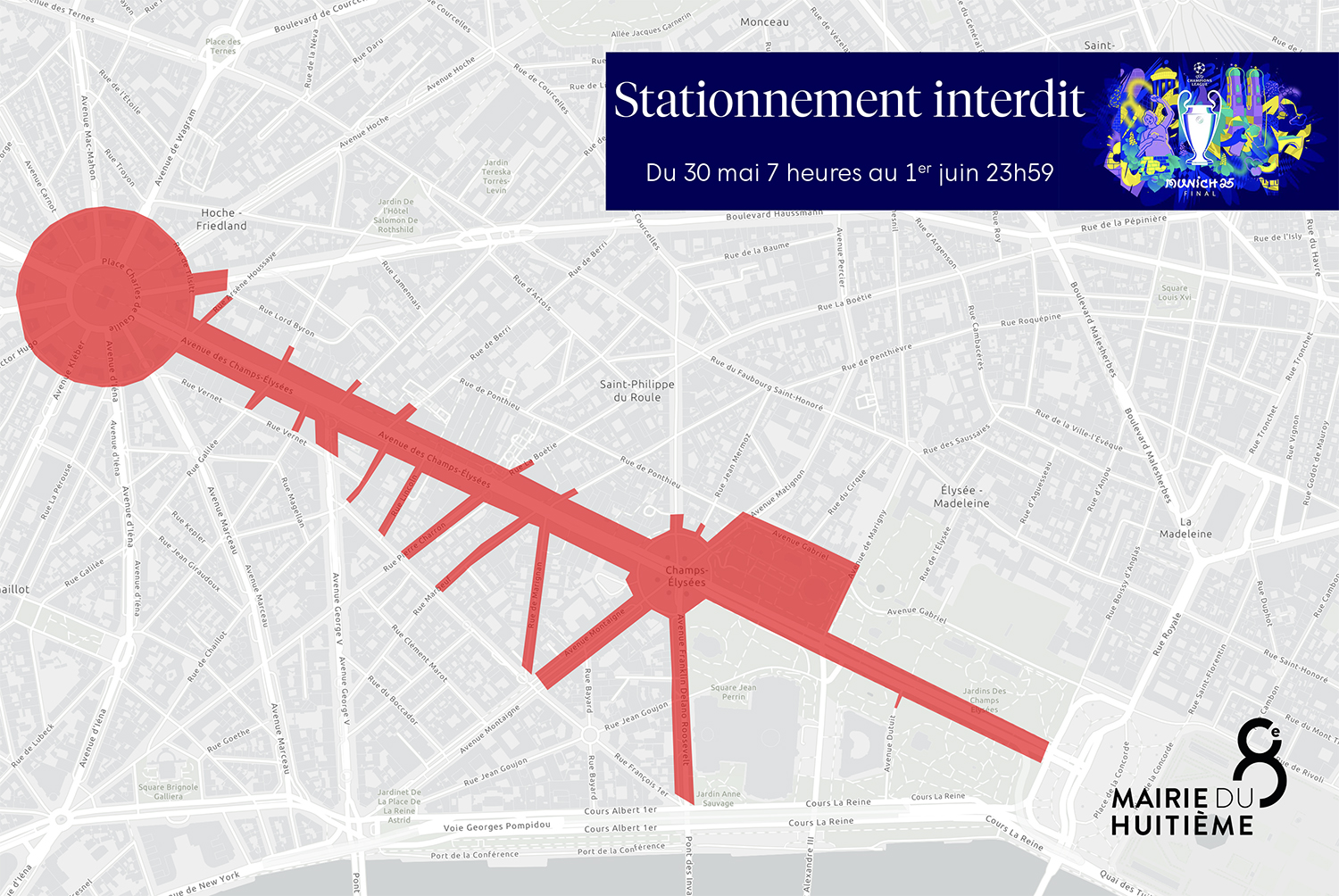 carte du 8e arrondissement avec une zone en rouge