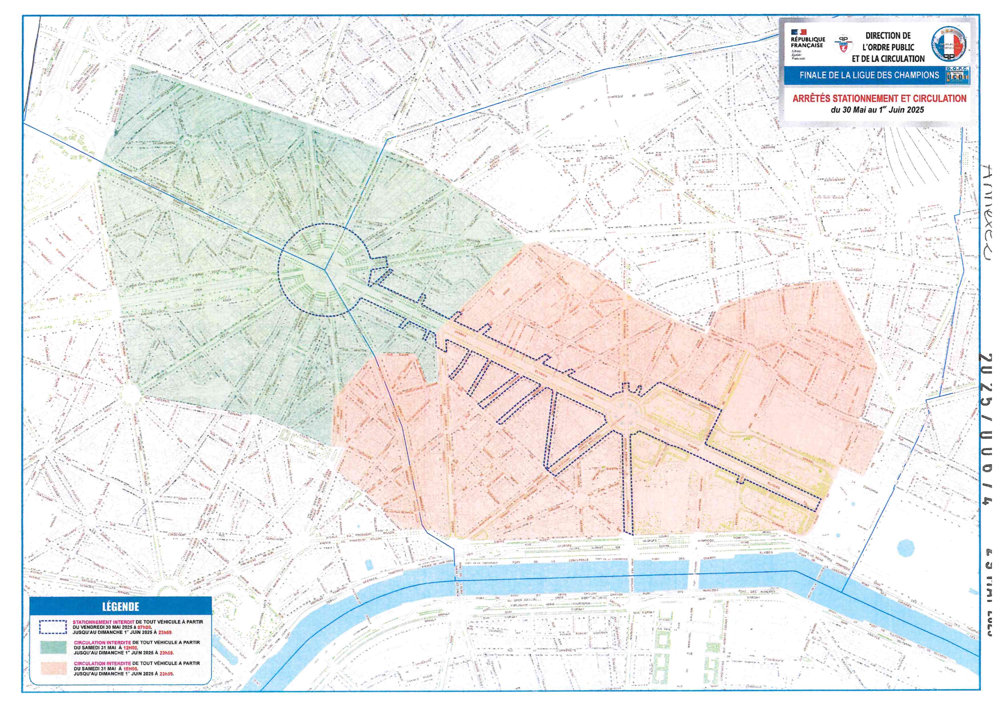 Cette image est une carte officielle française montrant les restrictions de stationnement et de circulation dans le centre de Paris pour la finale de la Ligue des Champions, du 30 mai au 1er juin 2025. La carte présente une vue aérienne du 1er arrondissement de Paris, centrée sur la zone du Louvre et des Tuileries. On y distingue plusieurs éléments géographiques majeurs : Au centre-gauche, une grande zone verte représente le jardin des Tuileries, avec ses allées caractéristiques disposées en étoile autour d'un point central circulaire. À droite du jardin, une vaste zone colorée en rose-orange délimite le périmètre de restriction principal. Cette zone englobe notamment le Louvre et s'étend vers l'est. En bas de la carte, une bande bleue figure la Seine qui traverse Paris d'ouest en est. La légende, située en bas à gauche, explique le code couleur : Les zones vertes correspondent aux restrictions du vendredi 30 mai 18h au samedi 31 mai 6h Les zones roses/orange indiquent les restrictions du samedi 31 mai 18h au dimanche 1er juin 23h59 Des lignes pointillées bleues délimitent précisément les périmètres où s'appliquent les arrêtés de stationnement et de circulation liés à cet événement sportif majeur. La carte porte l'en-tête officiel de la République française et de la Direction de l'ordre public et de la circulation.
