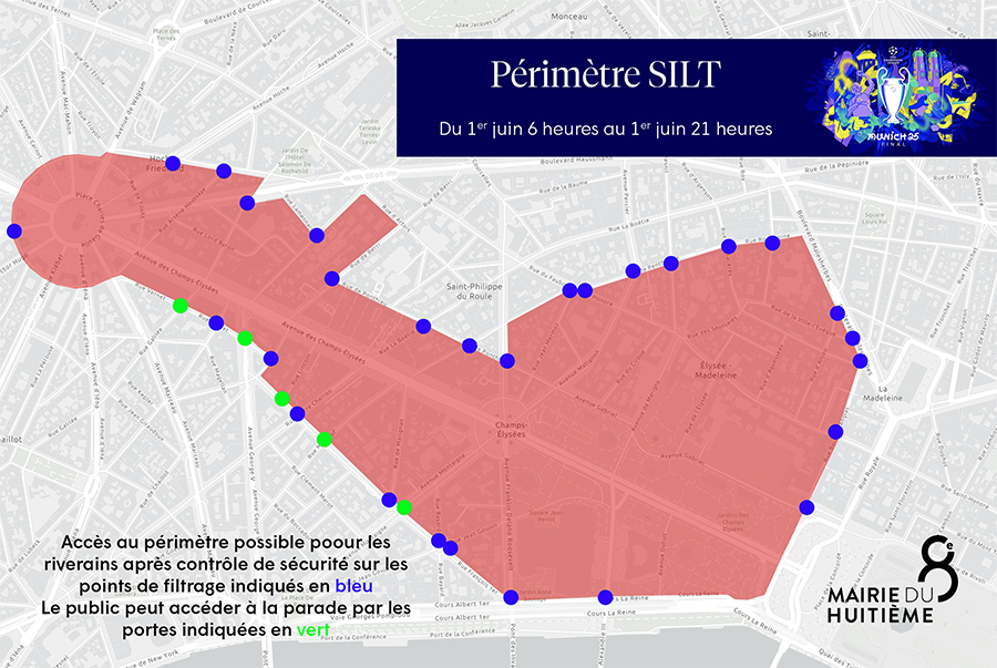 carte du 8e avec une zone rouge et des cercles bleus ou verts