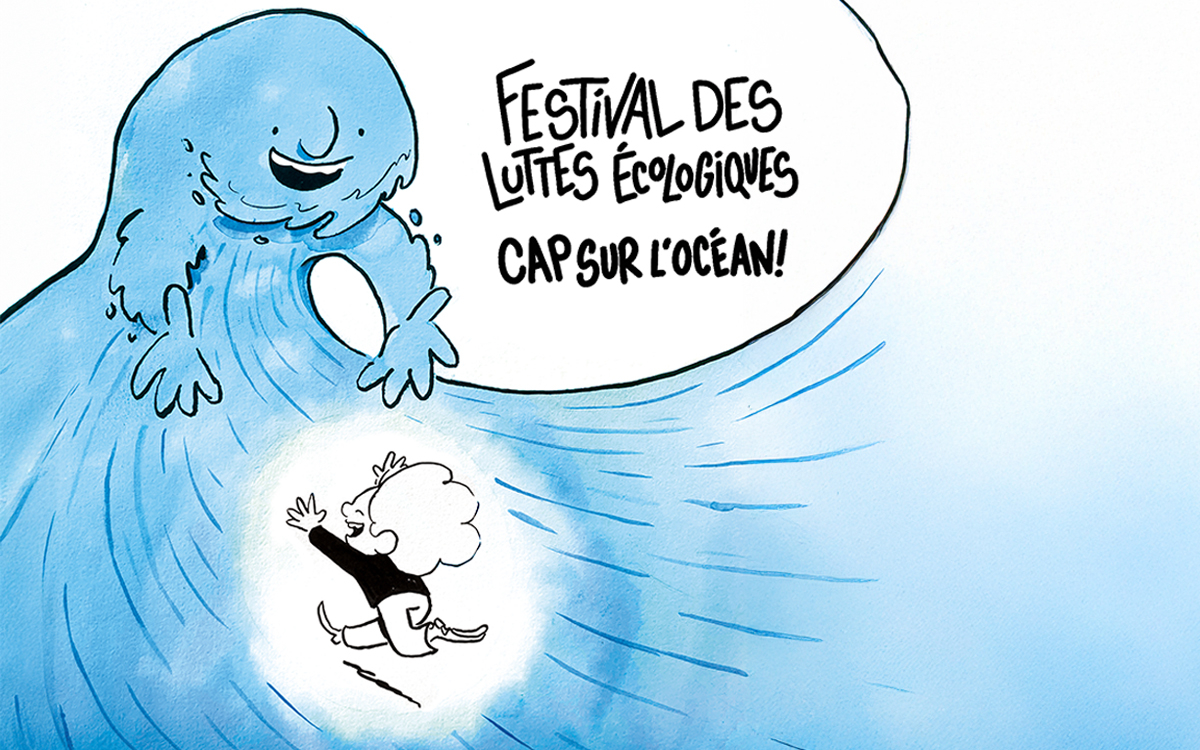 Illustration d'une vague personnifiée qui s'apprête à enlacer un personnage