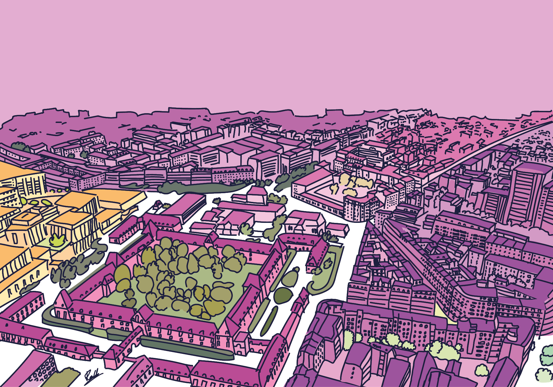 illustration d'un quartier parisien en rose et jaune