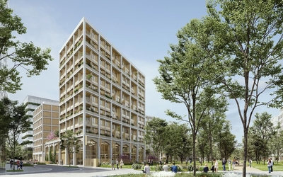 Un immeuble blanc entouré d'arbres