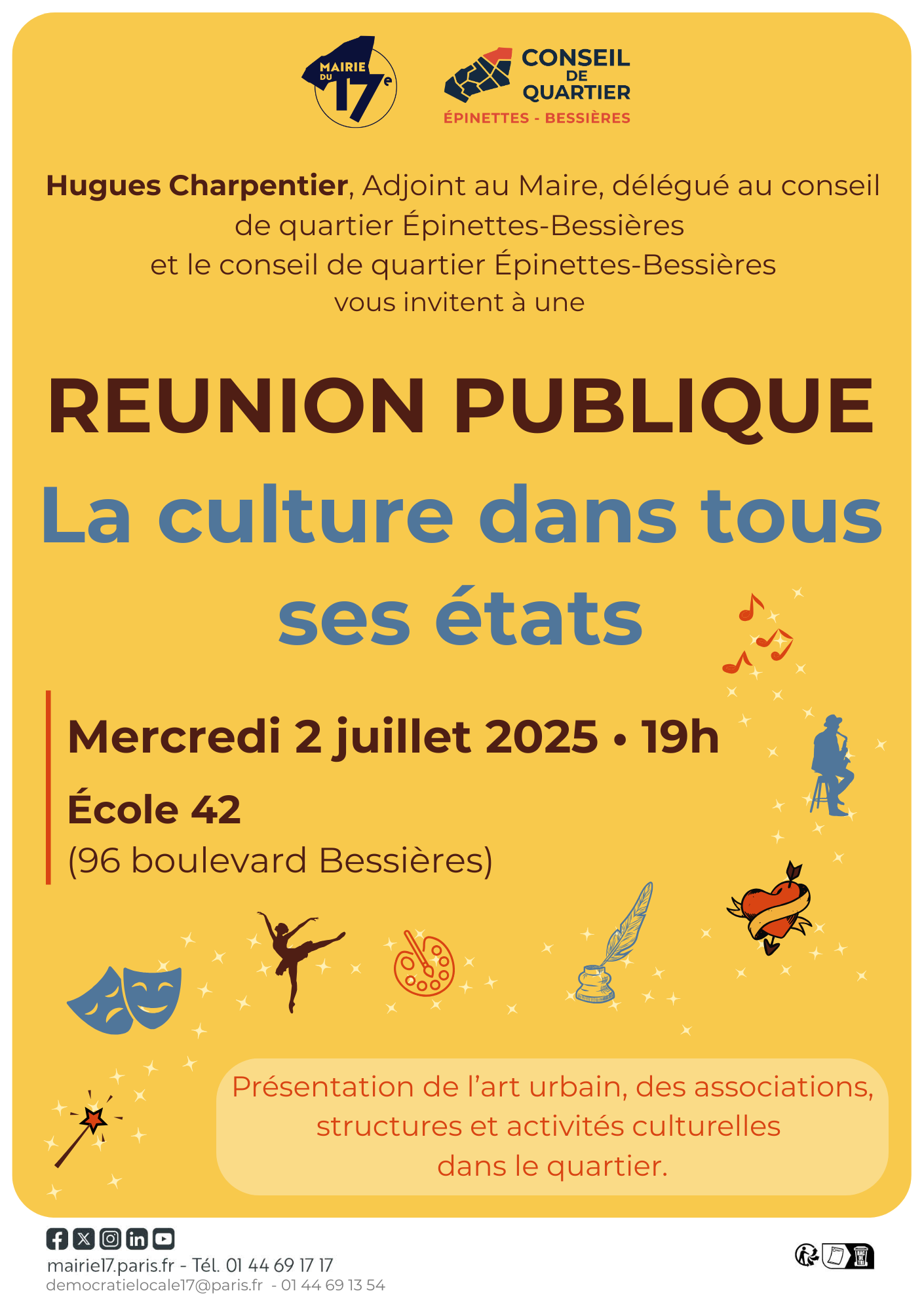 Affiche de la prochaine réunion publique du conseil de quartier avec un fond jaune et des illustrations d'objets culturels
