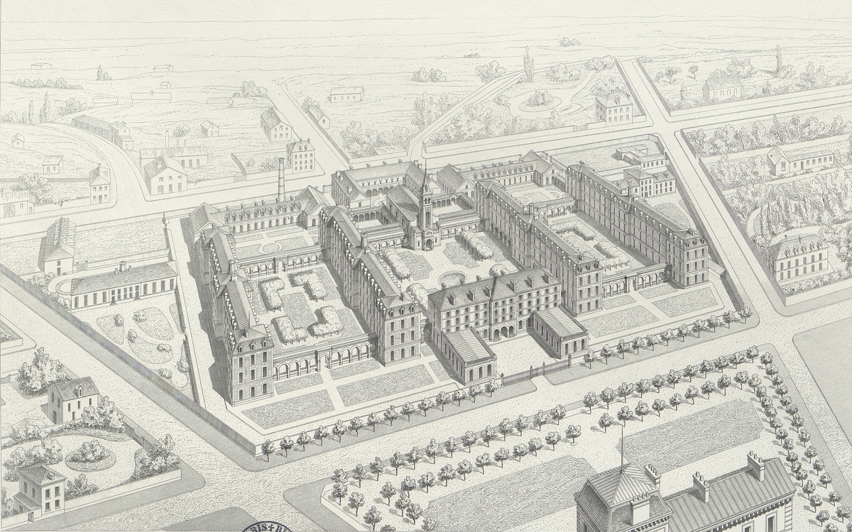 Image de L'hôpital Tenon : Perspective du projet, gravure de 1865