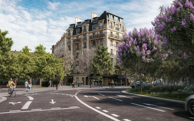Perspective du projet Rue de la Fontaine à Mulard / Place de Rungis, avec les nouveaux aménagements cyclables en avant plan et la végétalisation de part et d'autre
