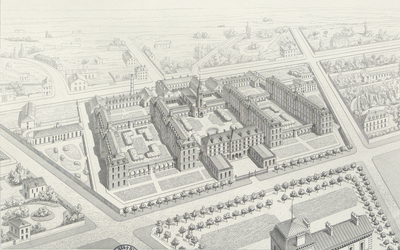 Image de L'hôpital Tenon : Perspective du projet, gravure de 1865 