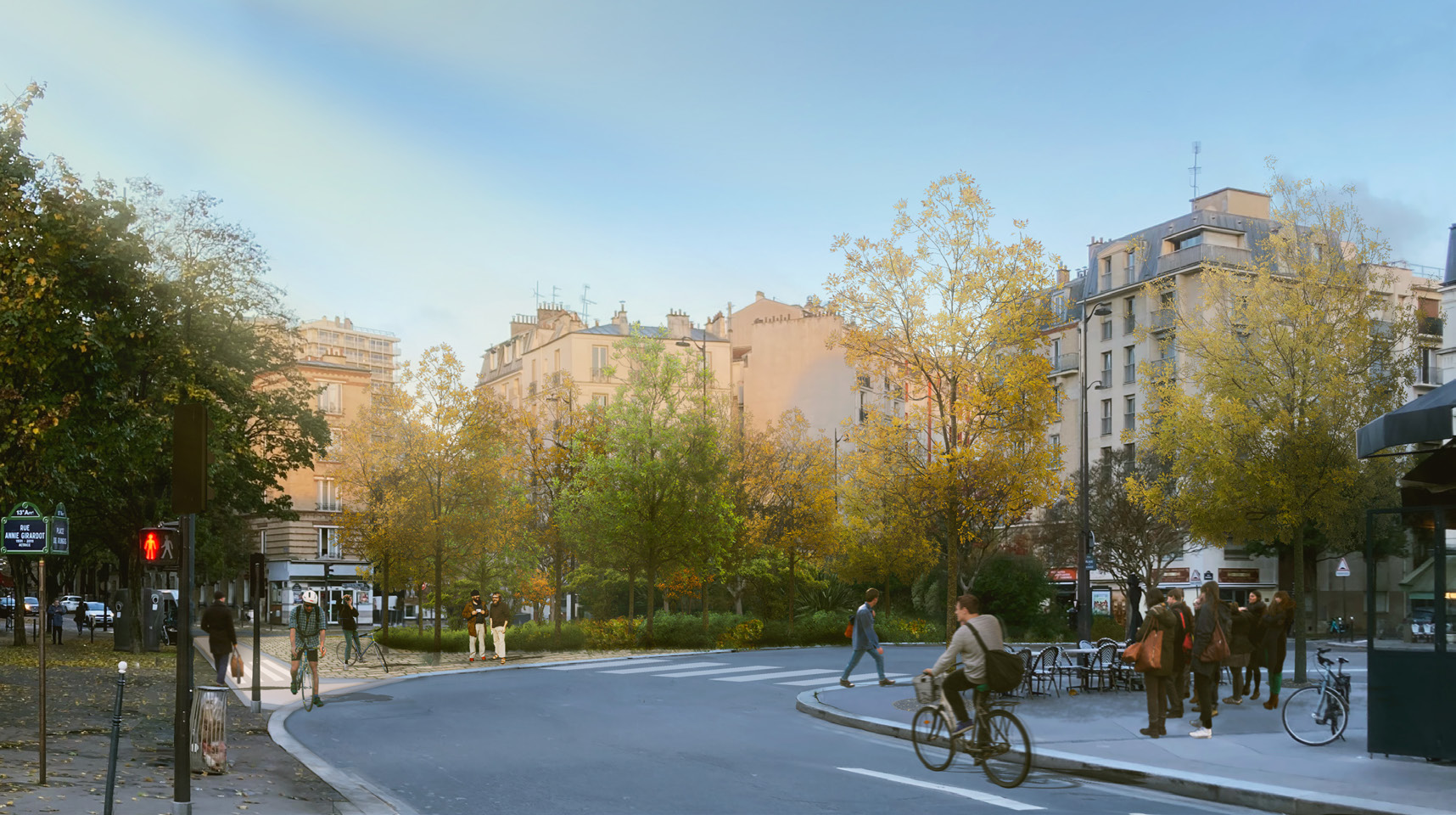 Perspective du projet de réaménagement de la rue de la Fontaine à Mulard et de la place de Rungis., avec aménagement cyclable et végétalsiation