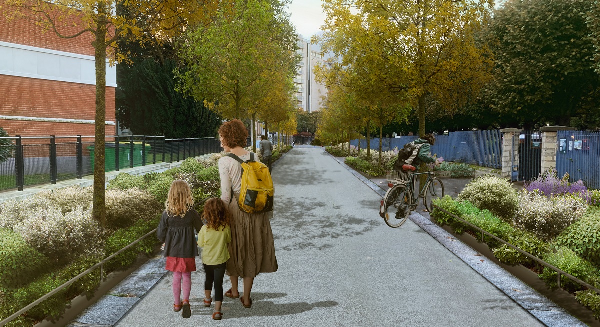 Perspective du projet rue de la Fontaine à Mulard et place de Rungis, avec une vois piétonne et cyclable et des jardinières de part et d'autre