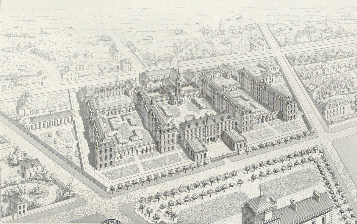 Image de L'hôpital Tenon : Perspective du projet, gravure de 1865