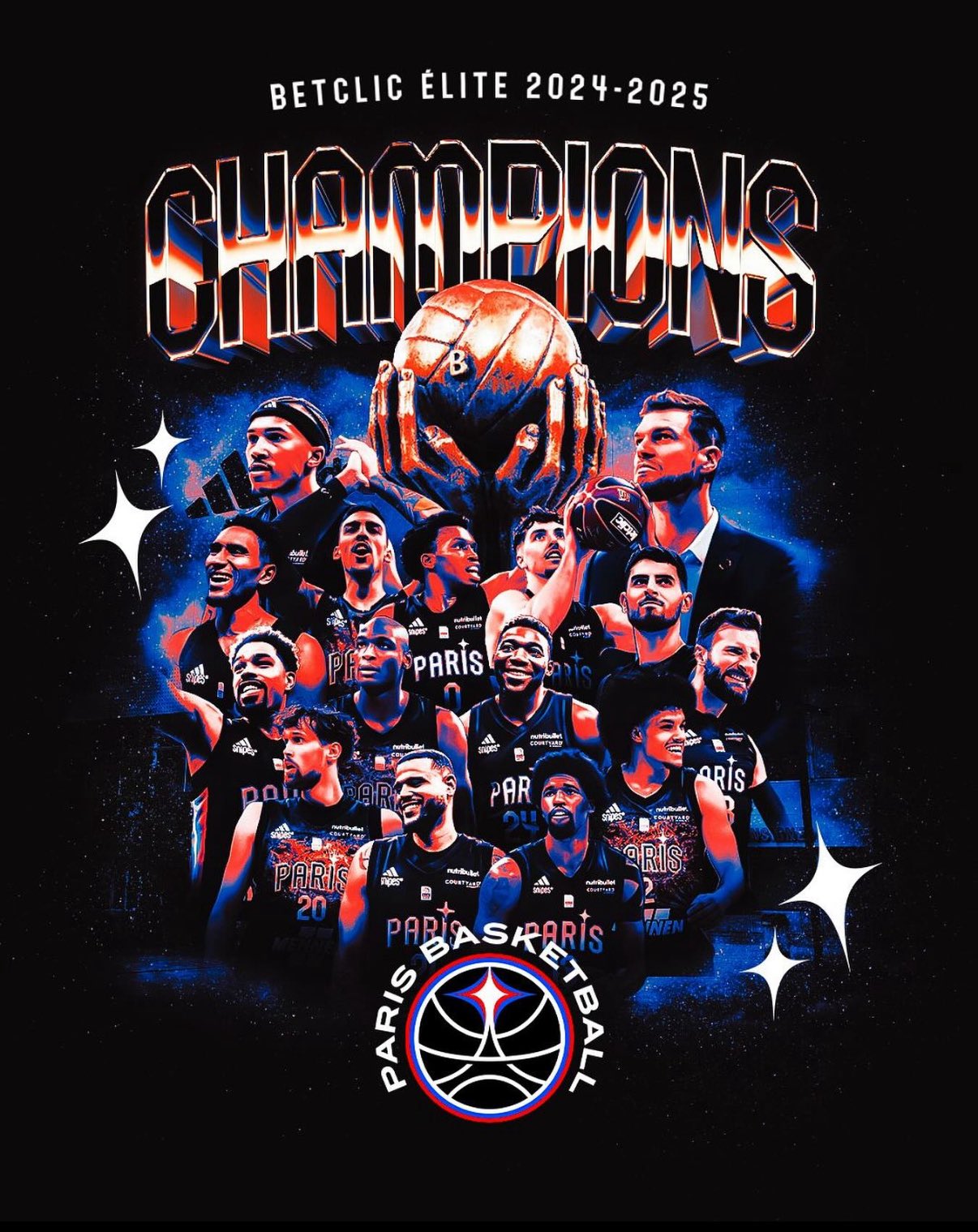 Affiche des joueurs et du coach du ParisBasketball sacré champion de France