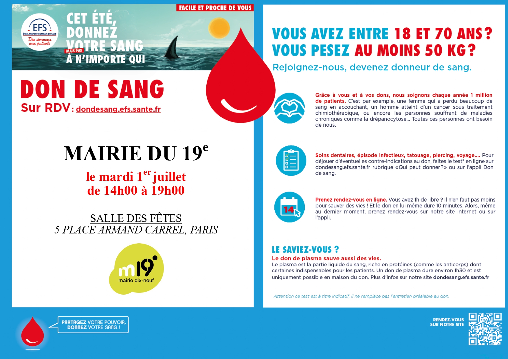 visuel avec les horaire de la collecte dons du sang 1er juillet 2025