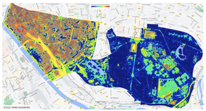 Une carte de paris indiquant les emplacement des îlots de chaleur du 12ᵉ arrondissement