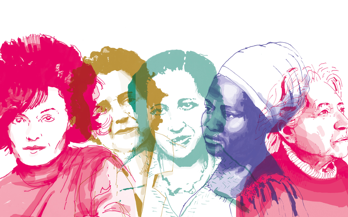 Illustration représentant de gauche à droite Delphine Seyrig, Rachel Carson, Tawhida Ben Cheikh, Aoua Keïta et Marthe Gautier