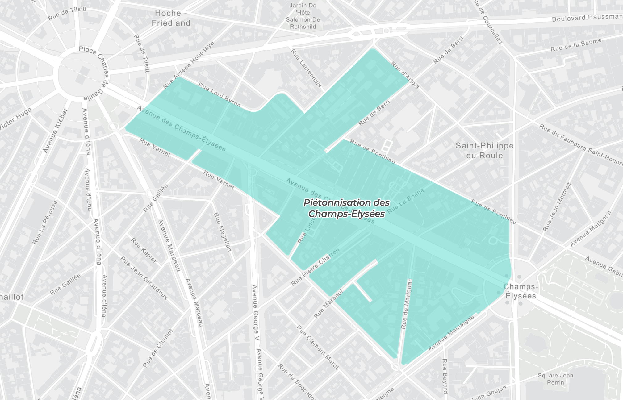 Carte du 8e arrondissement, avec un secteurs délimité en turquoise autour des Champs-Elysées