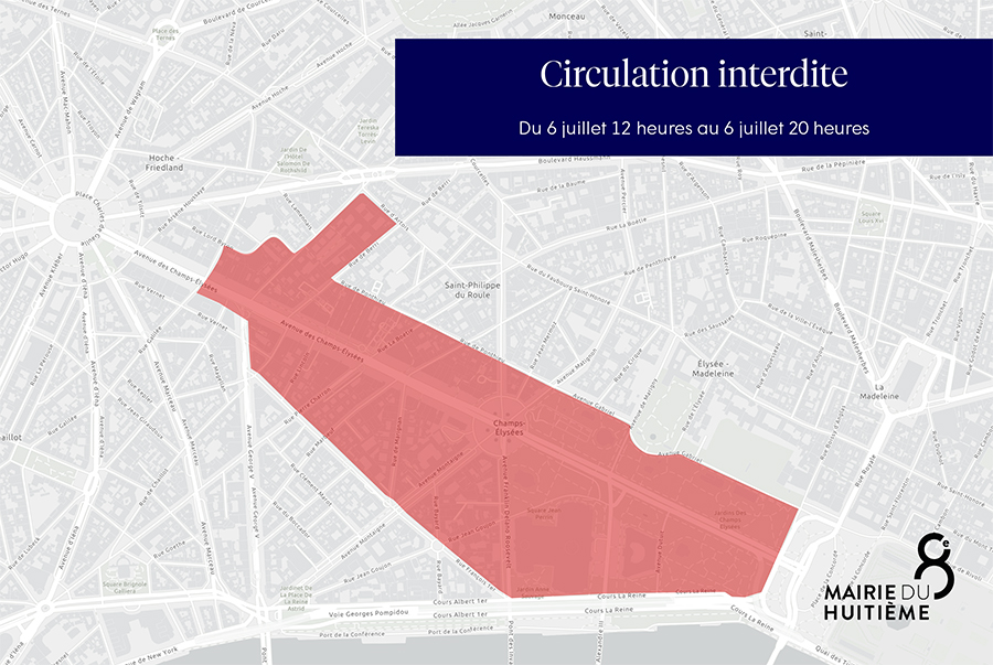 Zone rouge au milieu du 8e arrondissement, autour de l'avenue des Champs-Elysées