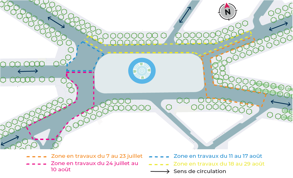 un plan de la place Félix Eboué indiquant les zones zones de travaux successives de réfection de la chaussée