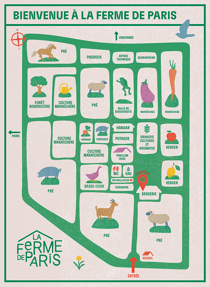 Plan de la Ferme de Paris mis à jour en 2025, avec la nouvelle entrée et les emplacements des espaces de culture et d'élevage
