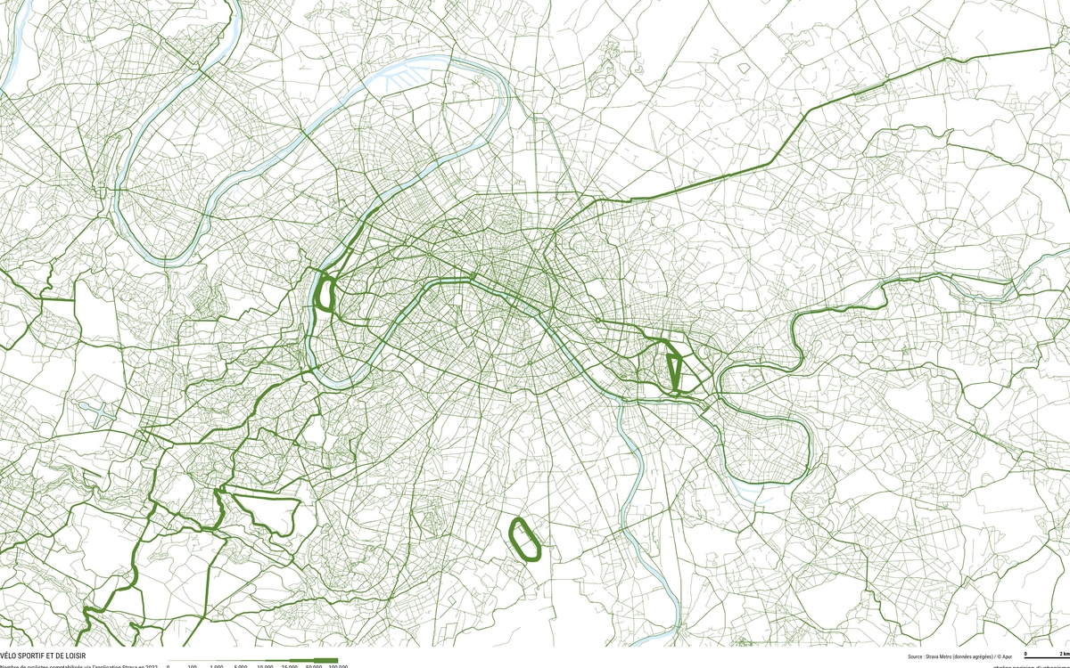 Cette image présente une carte topographique détaillée d'une zone urbaine avec un réseau dense de voies de communication. La carte utilise principalement des tons de vert sur fond blanc, montrant un système complexe de routes, rues et infrastructures de transport. On peut observer un centre urbain dense au milieu de la carte, avec des voies qui rayonnent vers l'extérieur. Plusieurs cours d'eau ou rivières serpentent à travers le territoire, représentés par des lignes bleues sinueuses. Le réseau routier forme une trame complexe avec des axes principaux plus épais et des voies secondaires plus fines. En bas de la carte figure une légende indiquant qu'il s'agit du "Nombre de cyclistes comptabilisés via l'application Strava en 2022" avec une échelle graduée de 0 à 100 000. Cette information suggère que les différentes intensités de vert représentent la densité de circulation cycliste sur les différents axes. La carte comporte également des informations sur les sources de données et l'échelle cartographique en bas de l'image. Cette visualisation permet d'identifier les itinéraires cyclables les plus fréquentés dans cette agglomération urbaine.
