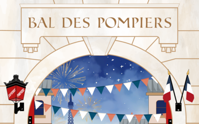 Une affiche pour le bal des pompiers laissant voir une arcade et la tour Eiffel en fond 