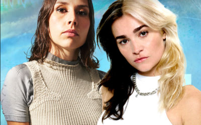 Les artistes Belaria et Olympe4000 sur fond bleu