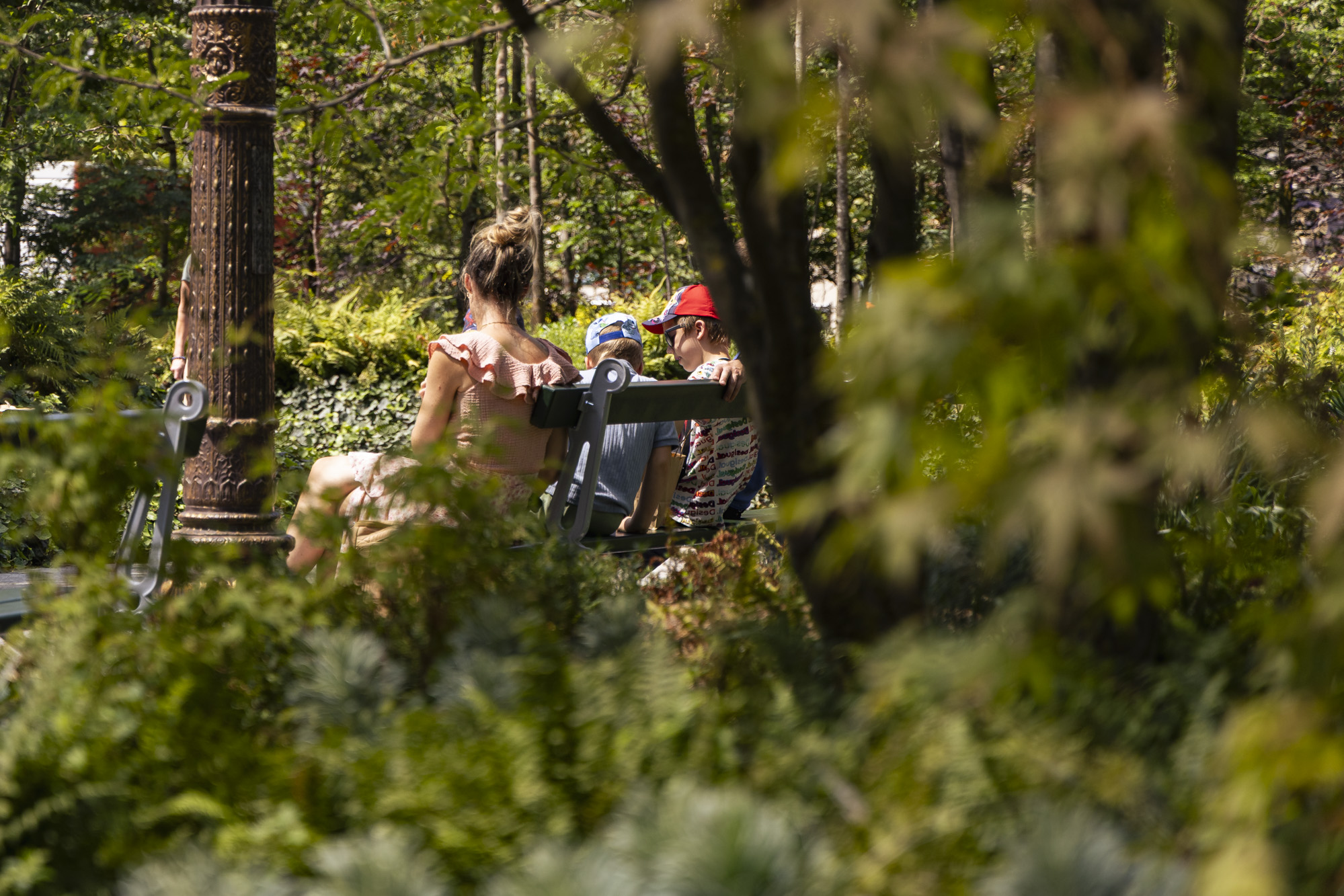 Des personnes se reposent sur les bancs de la foret urbaine.