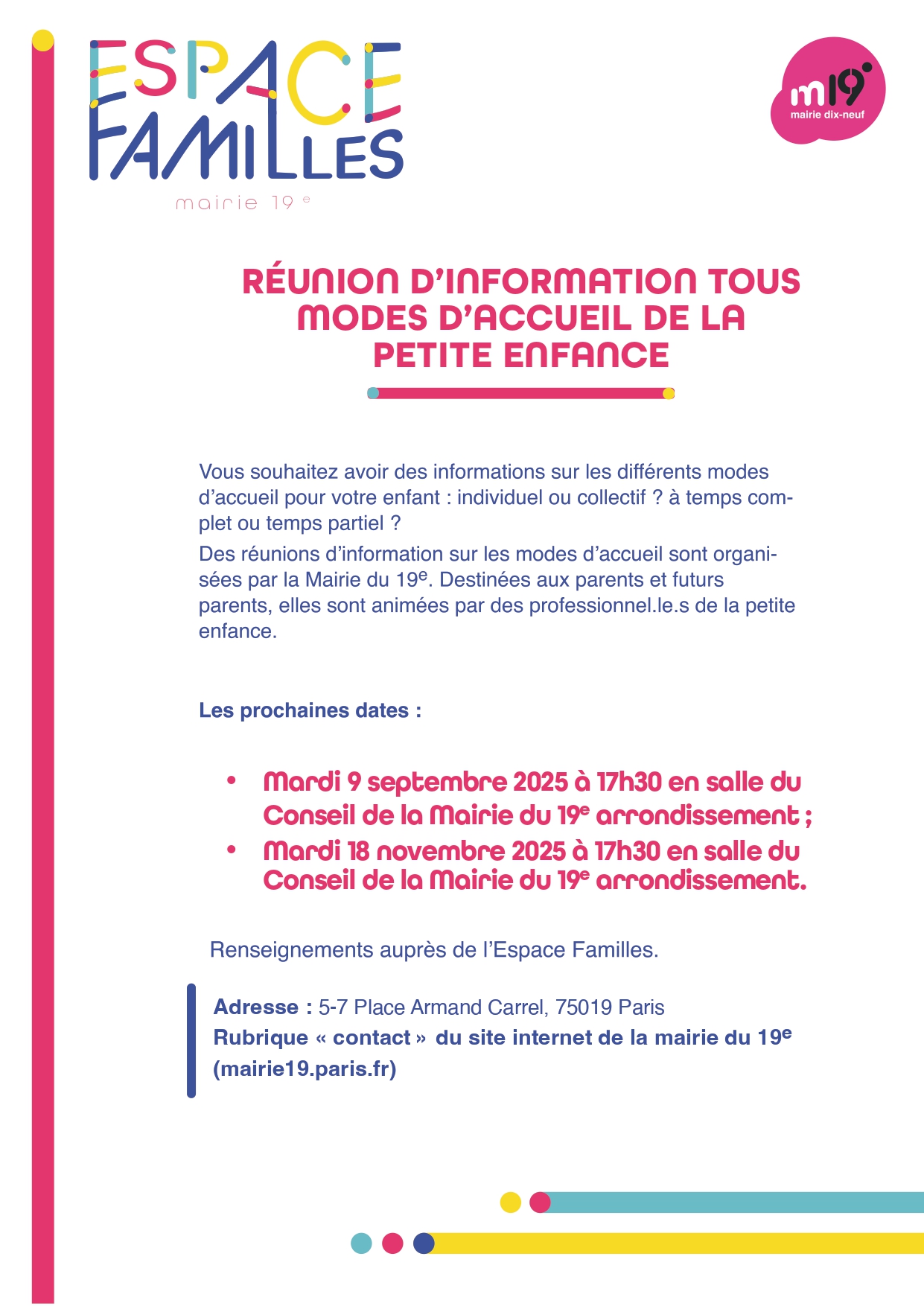 visuel avec les Prochaines réunions d'information tous modes d'accueils de la petite enfance