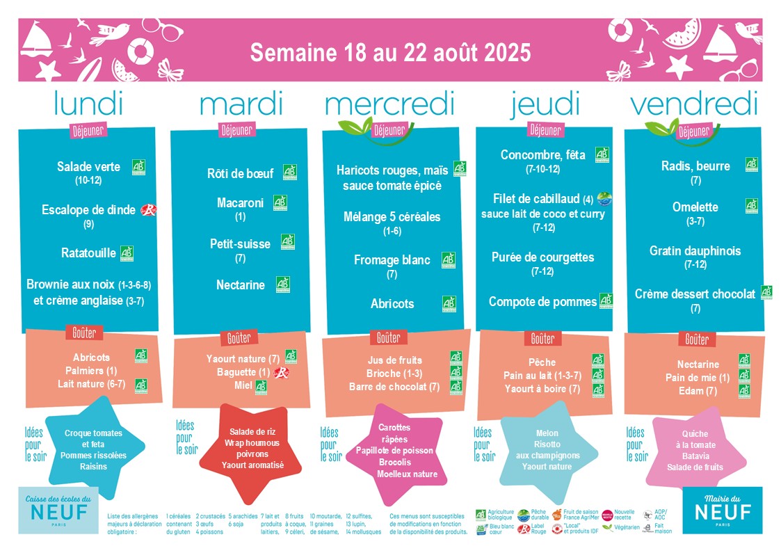 menus des cantines du 18 au 22 août