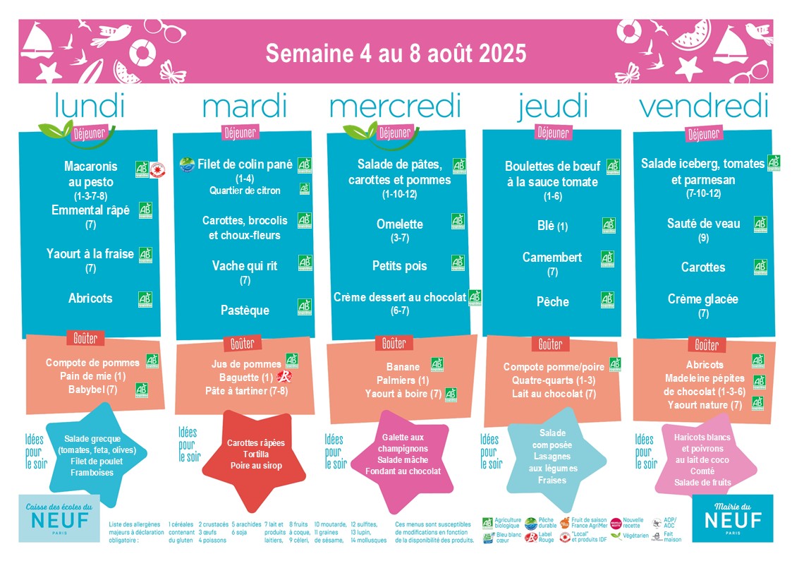 menus des cantines du 4 au 8 août 2025