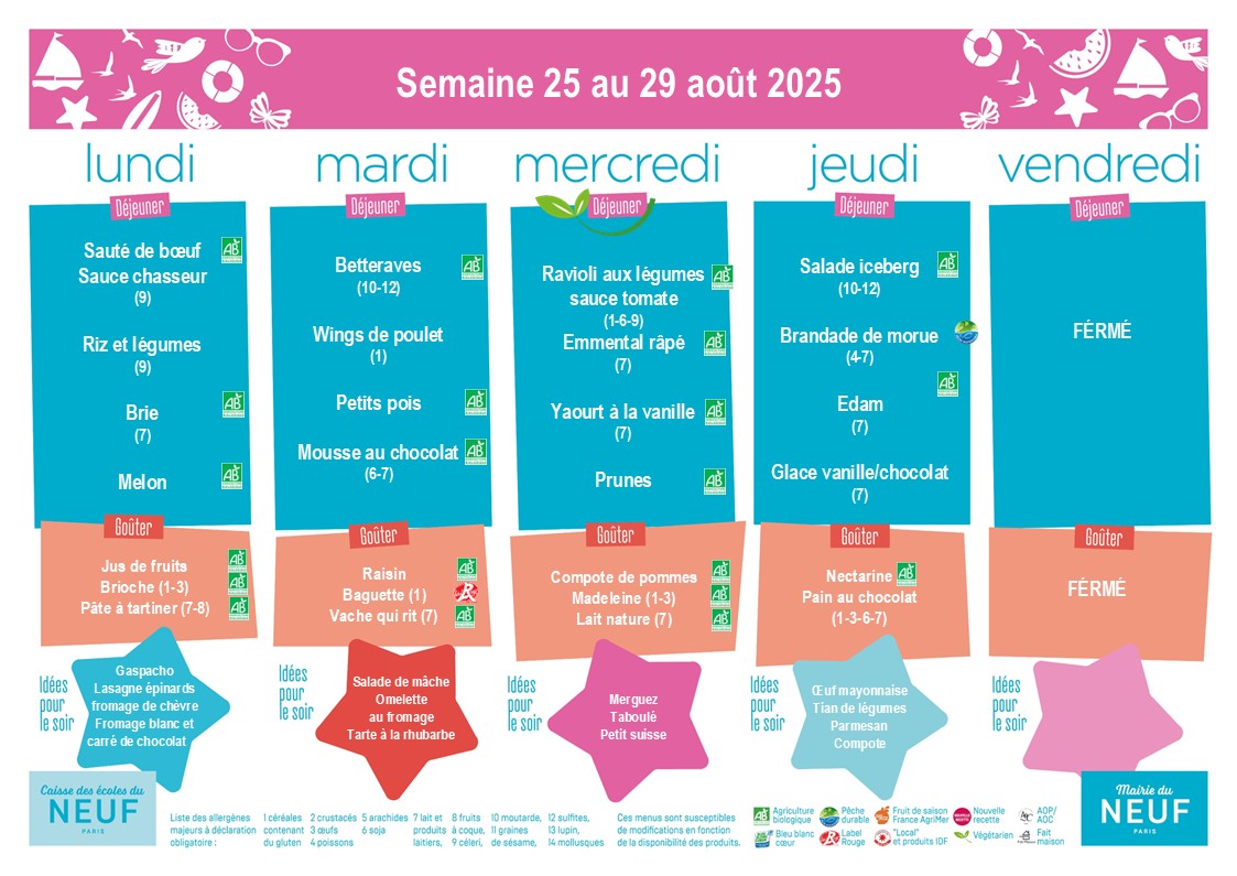 menus des cantines du 25 au 29 août