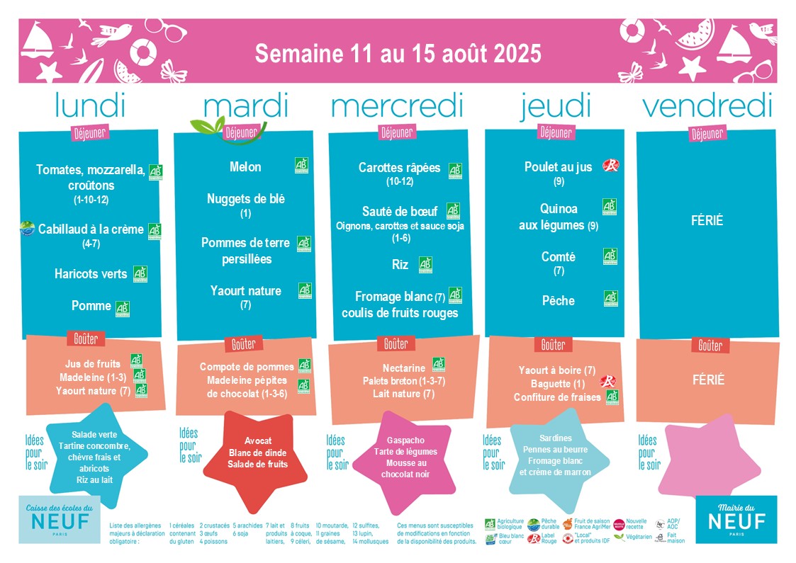 menus des cantines scolaires du 11 au 15 août
