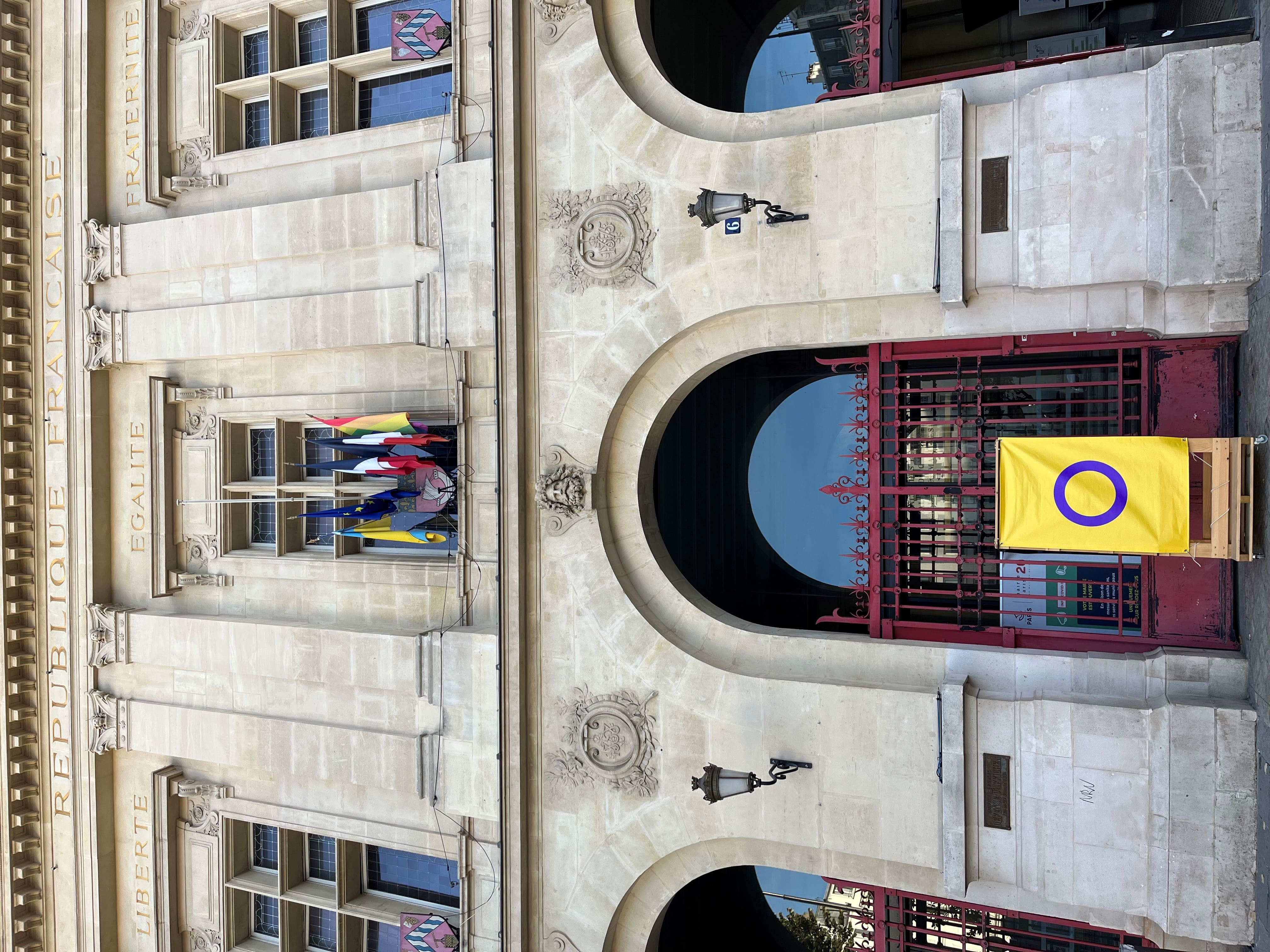 Photo du drapeau intersexe devant la mairie