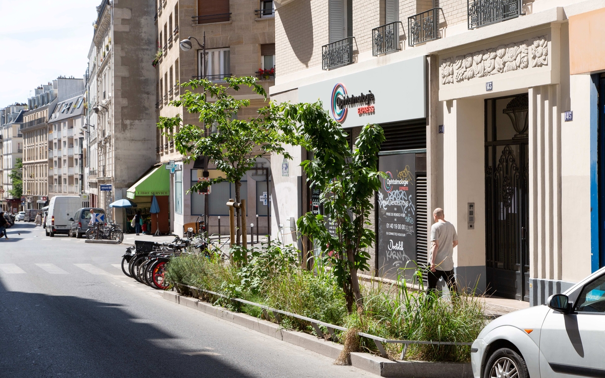 Vue de la rue du Chemin Vert en 2022 montrant de la végétalisation et des places de stationnement.