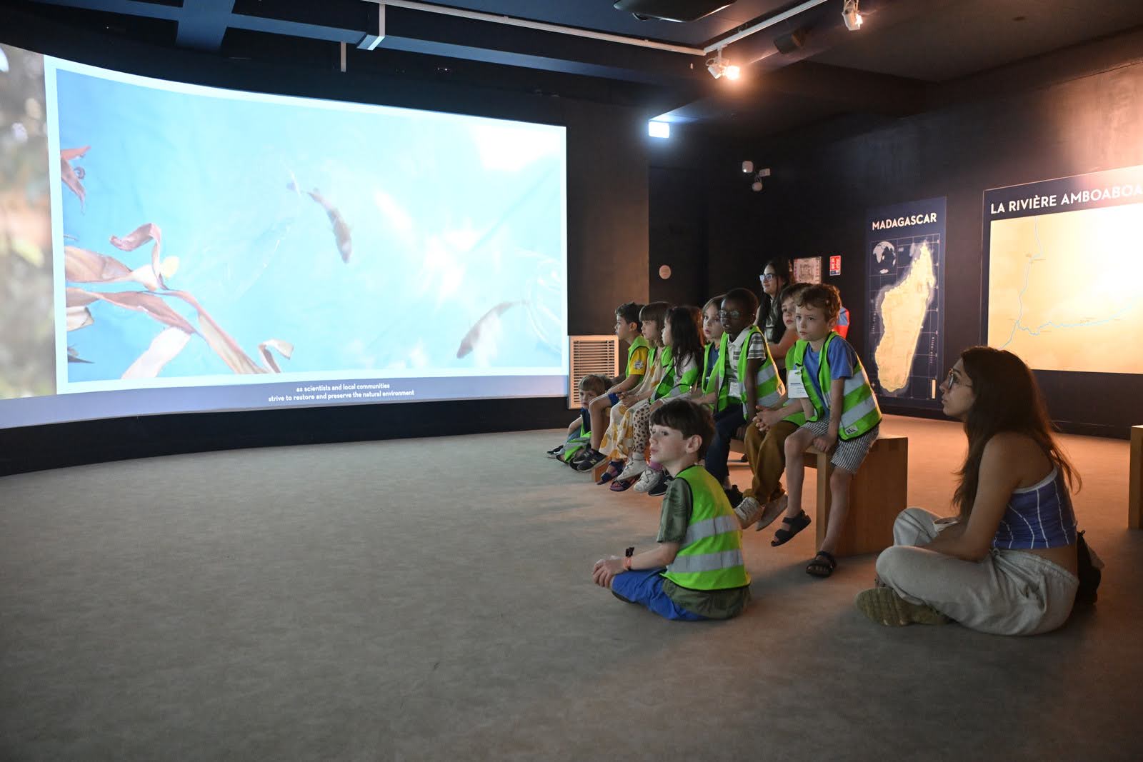les enfants regardent des images video de poissons