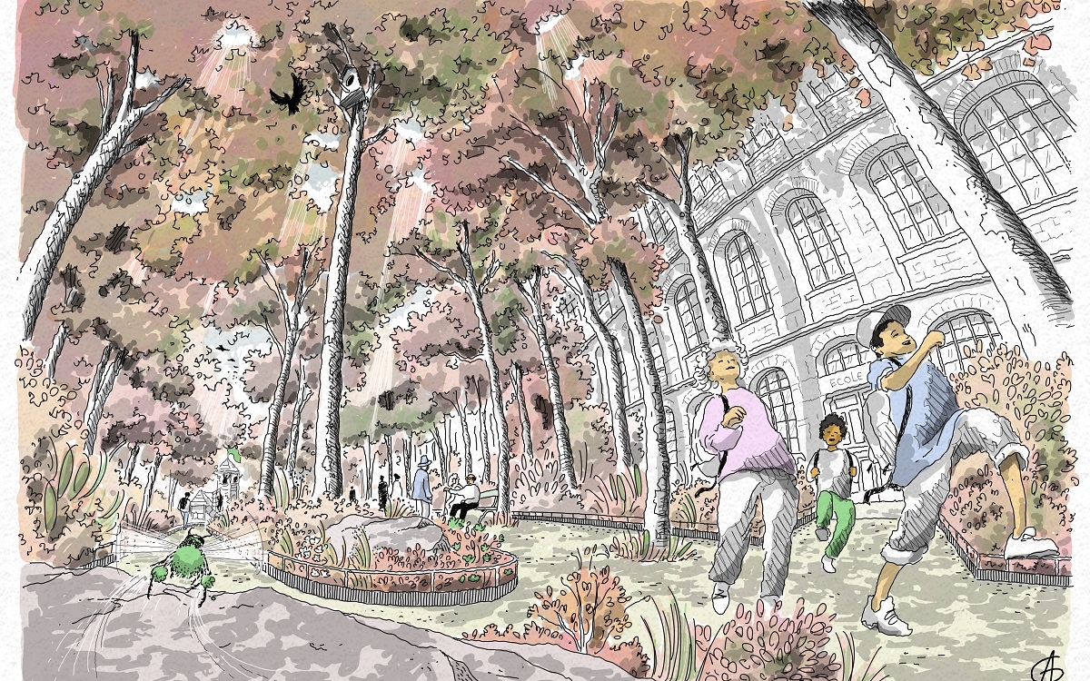 Croquis du futur aménagement de l'avenue de Bouvines, vu depuis le ras du sol. On y voit au premier plan des enfants jouer dans un espace nouvellement végétalisé et en fond, des personnes discutant, assises sur un banc