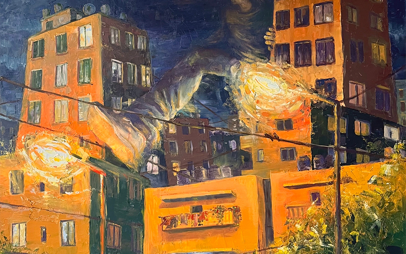 Peinture représentant des immeubles en feu