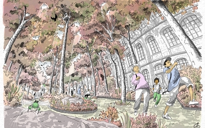  Croquis du futur aménagement de l'avenue de Bouvines, vu depuis le ras du sol. On y voit au premier plan des enfants jouer dans un espace nouvellement végétalisé et en fond, des personnes discutant, assises sur un banc