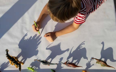 Un enfant dessine des silhouettes projetées de dinosaures sur une grande feuille de papier