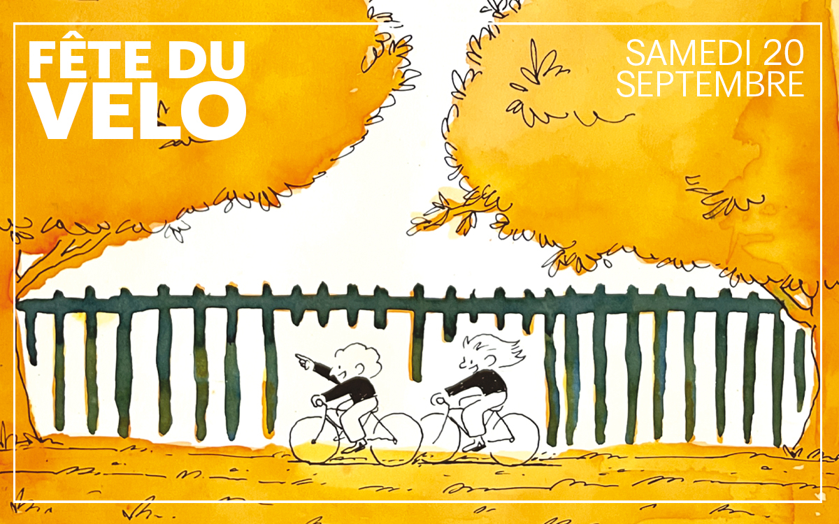 Dessin à l'aquarelle avec deux personnages faisant du vélo dans un parc