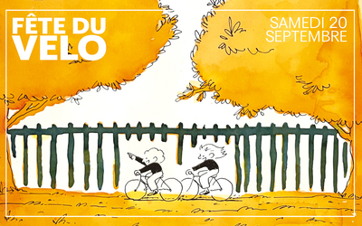 Dessin à l'aquarelle avec deux personnages faisant du vélo dans un parc