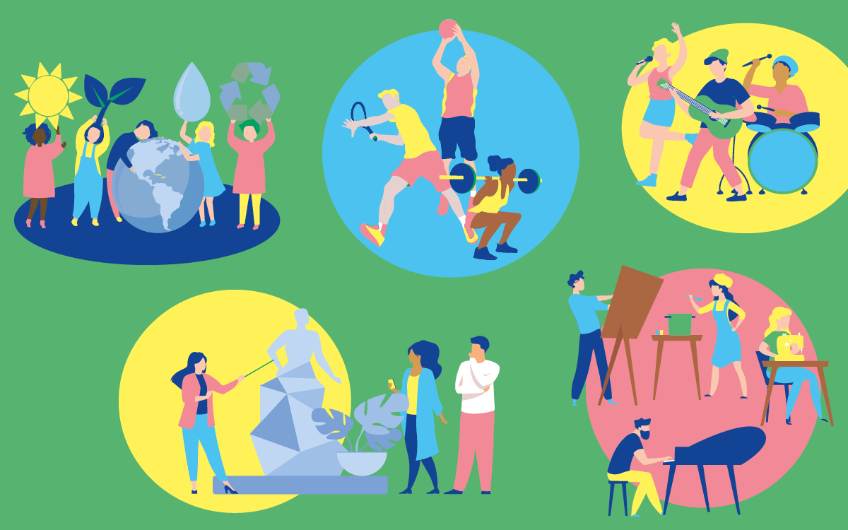 Personnes pratiquants différentes activités sportives et artistiques. 