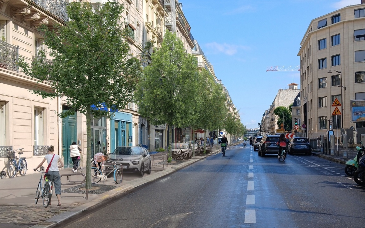 Perspective du projet de réaménagement de la rue Gay-Lussac, avec les nouveaux arbres plantés tout le long de la rue