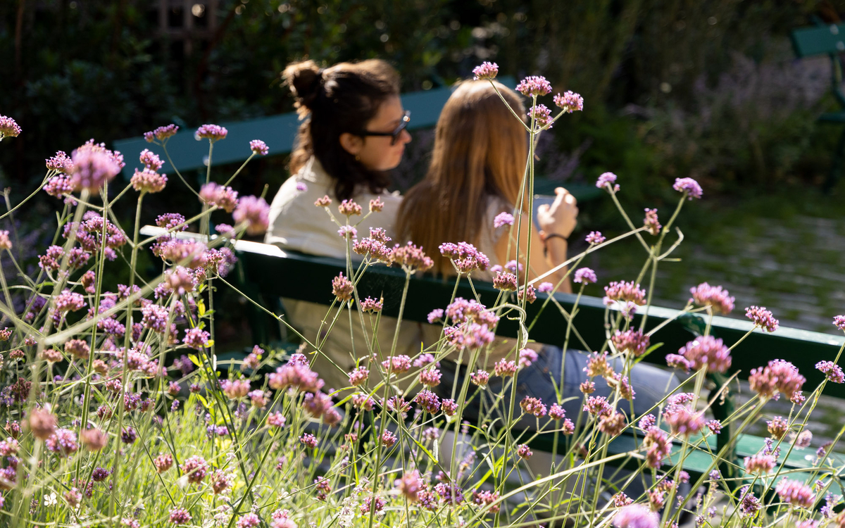 Deux personnes assises sur un banc sous le soleil, dans le jardin médiéval du musée de Cluny.
